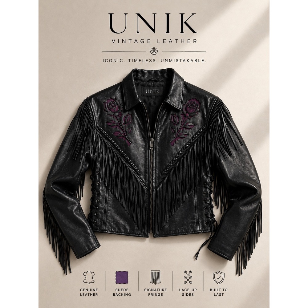 UNIK Leather Apparels Black Fringe Biker Jacket Purple Rose Embroidery Small